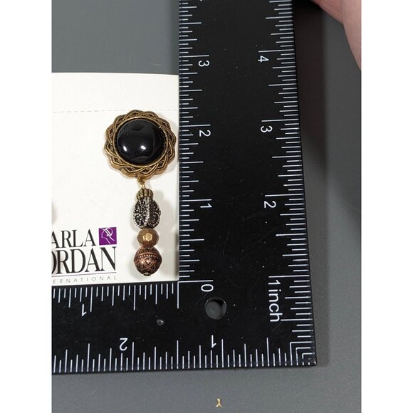 Vintage Karla Jordan Black Onyx Brass Copper Stacked Bead Dangle Pierced Earring - Picture 7 of 7